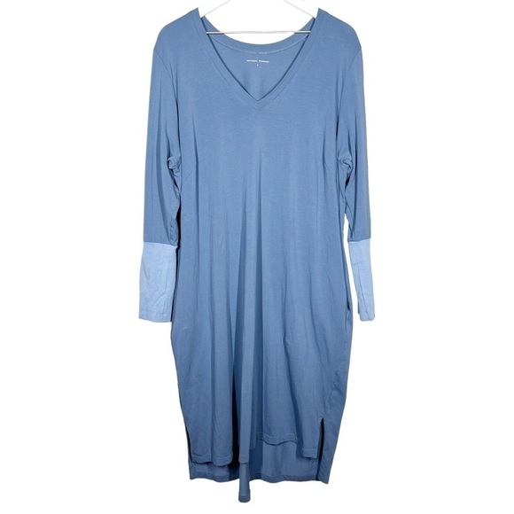 Universal Standard Womens Vneck Long Sleeve Pima Cotton Blue Dress Colorblock - Picture 1 of 14